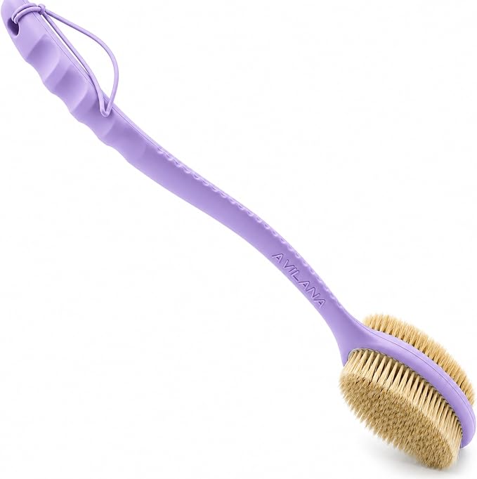 Avilana Long Handle Body Brush for Shower, 19 Inch Curved Back Scrubber with Soft & Stiff Bristles, Exfoliating Body Brush for Back, Legs & Feet, Non-Slip Silicone Handle, Replaceable Head System