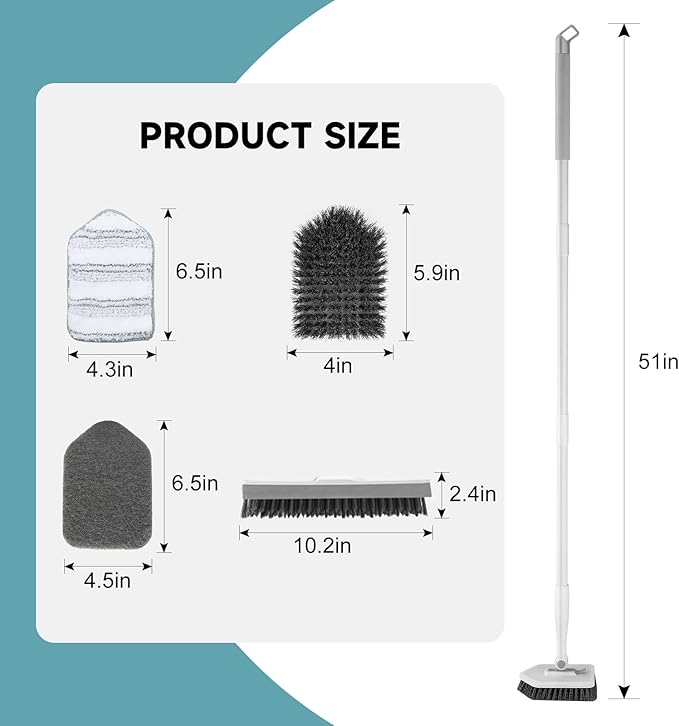 nacena Shower Scrubber with Long Handle, 4 in 1 Tile Tub Scrubber Brush with 3 Detachable Cleaning Heads and V-Shaped Grout Brush Shower Cleaner Brush for Bathroom Kitchen Toilet Tub Sink, Grey White