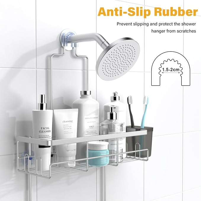 Hanging Shower Caddy Over Showerhead - Rustproof No Drill Shower Organizer | Includes Soap Holder and Hooks for Shampoo, Conditioner, and Bathroom Essentials with Quick Drainage Design