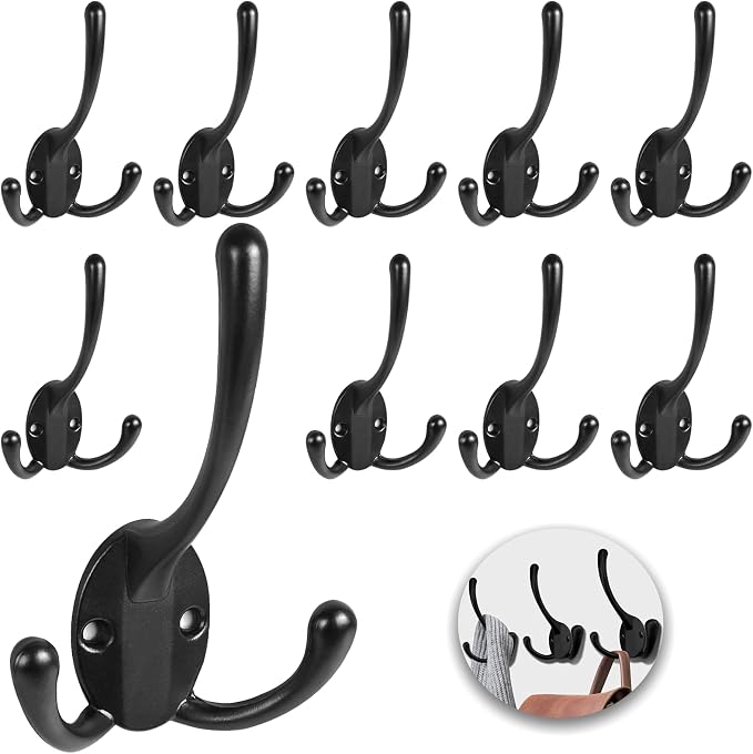 Wall Mounted Coat Hooks 10 Packs Heavy Duty Black Hardware Robe Hooks Decorative for Single Hanging Coats Towel Cubicle Classroom Kitchen Bath Backpack Hat Hook