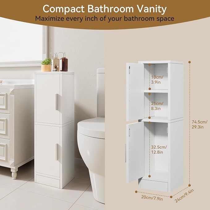 IBUYKE Small Bathroom Storage Cabinet, Narrow Beside Tolite Cabinet with 2 Doors & Adjustable Shelf, Small Bathroom Organizer, Space-Saving Storage Solution for Toilet, Laundry Room UWBS002W