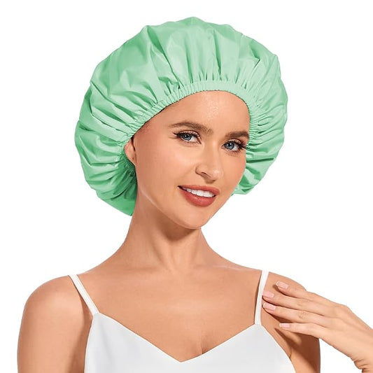 Shower Cap for Women Waterproof Reusable, Large Shower Cap Non-Slip with Elastic Band, Washable Bath Hair Hat for Long Hair, Braids (Mint Green)