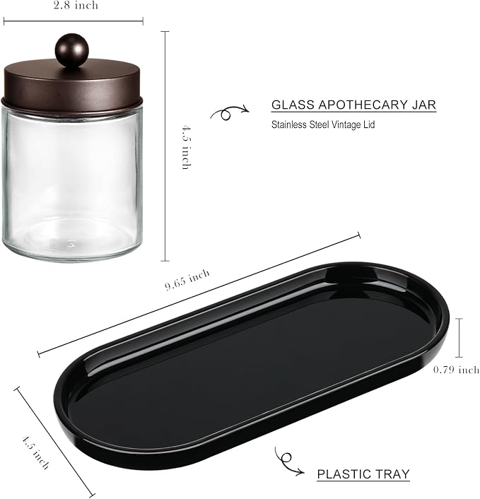 SheeChung 3 Pack Glass Apothecary Jars with Acrylic Vanity Tray | Bathroom Jars with Lids Set with for Qtip, Cotton Ball, Floss Picks - Modern Industrial Style - Bathroom Organizer (Bronze)