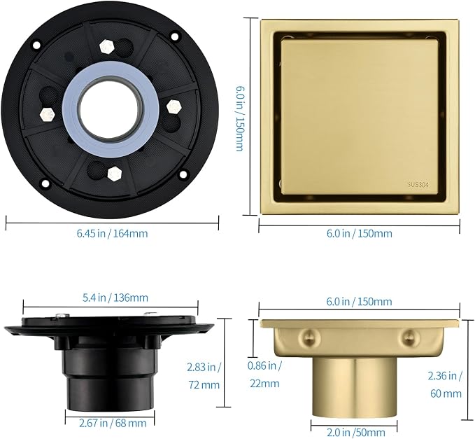 4-Inch Square Shower Drain, Brushed Gold Floor Drain with Flange, 304 Stainless Steel Bathroom 2-in-1 Tile Drain