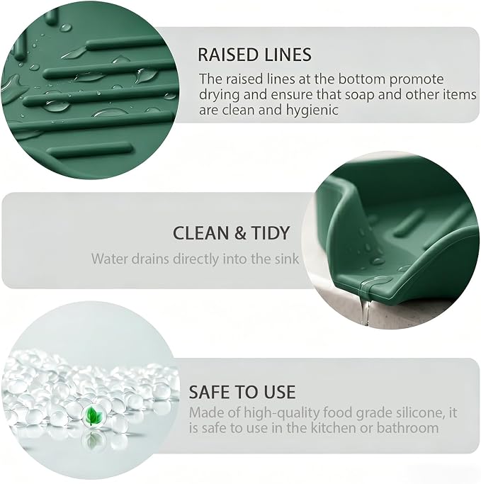 MicoYang Silicone Soap Dish with Drain Spout, Self-Draining Sink Organizer Tray for Bathroom and Kitchen, Sponges, Dispensers and Soap Holder, Non-Slip and Dishwasher Safe, Green (Compact, 4.9"×3.2")