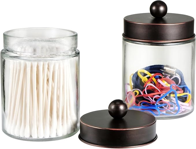 SheeChung 2 Pack Glass Qtip Holder with ORB Stainless Steel Lids | Apothecary Jars with Stickers, Modern Farmhouse Bathroom Vanity Organizer for Cotton Swabs, Balls, Pads (Oil Rubbed Bronze)