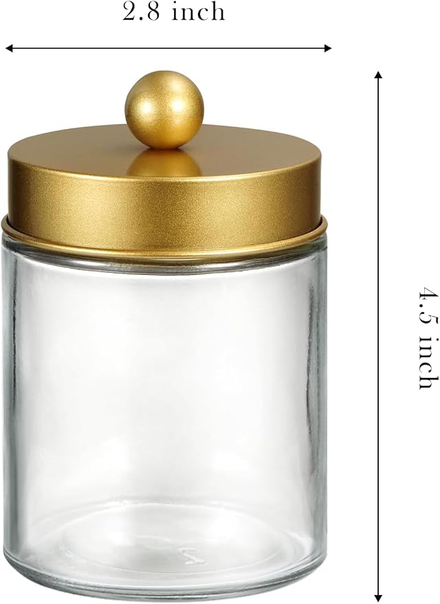 SheeChung 3 Pack Glass Qtip Holder with Gold Stainless Steel Lids | Apothecary Jars with Stickers, Countertop Canister Guest Bathroom Storage Organizer Set for Cotton Swabs/Balls, Floss Picks