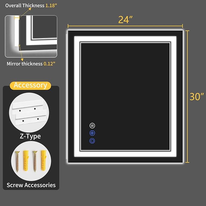 24"x30" LED Bathroom Mirror with Lights, Anti-Fog, Backlit + Front Lit, Dimmable, Led Vanity Mirror for Wall, Lighted Bathroom Mirror, 3 Colors, Shatter-Proof Tempered Glass