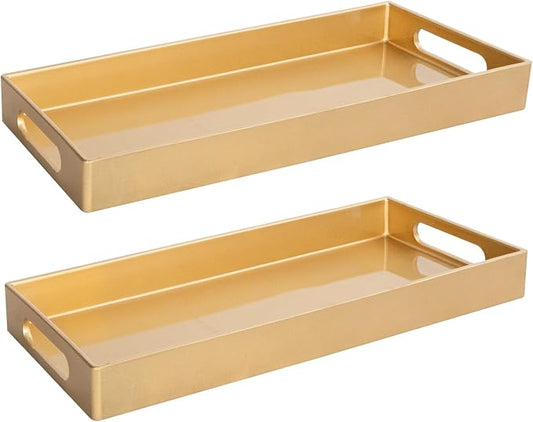 MAONAME Gold Vanity Tray Set of 2, Plastic Decorative Tray with Handles, Rectangular Bathroom Trays for Toilet Tank, 13.8" X 6" X 1.57"