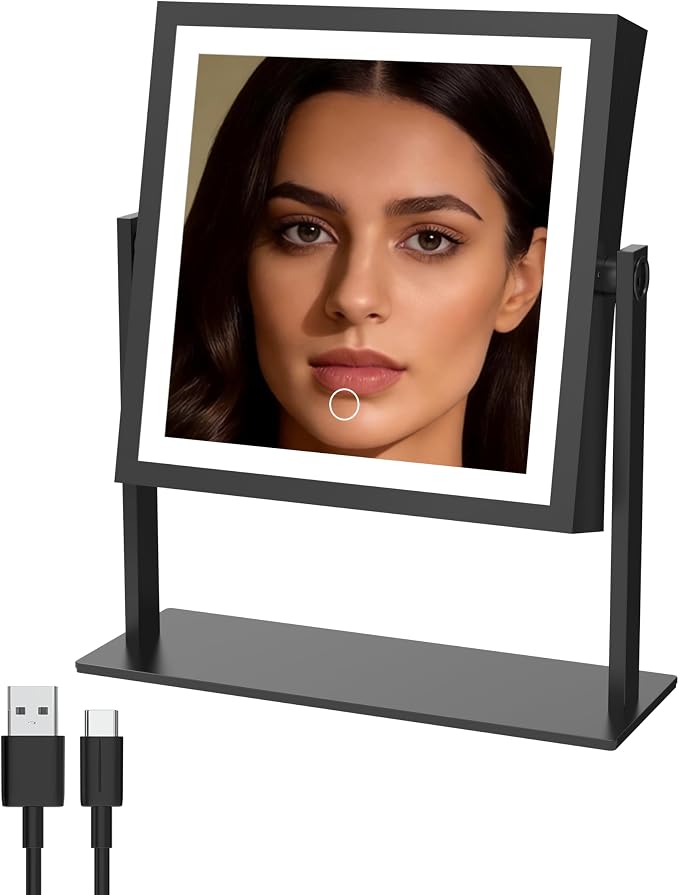 Ruacq Makeup Mirror with Lights, Dual Sided 1X/10X, Matte Black | 8",4000mAh Rechargeable, Magnifying Mirror with 3 Color Lights,Touch Control Dimmable, 360° Rotation, Square, Gift for Women