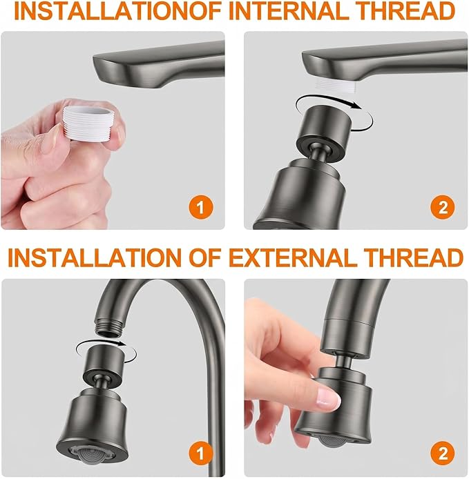 2 Pack Metal Faucet Aerator - Dual Modes Sink Sprayer Attachment for Bathroom - 360° Swivel Kitchen Faucet Sprayer Attachment - Anti-clogging Design - Gun Gray