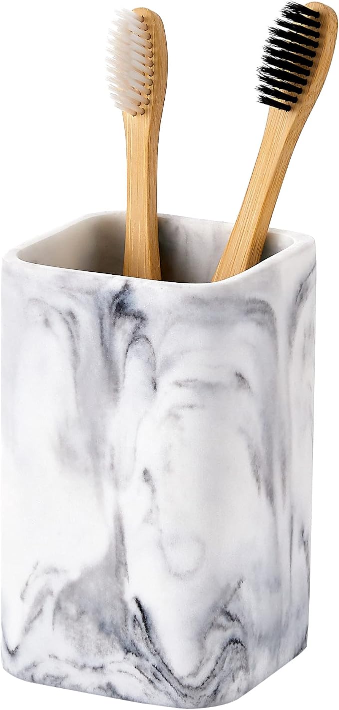 ZCCZ Toothbrush Holder for Bathrooms, White Marble Look Toothpaste and Makeup Holder, Brushes and Razors Holder, Vanity Bathroom Countertop Organizer, Toothbrush Cup