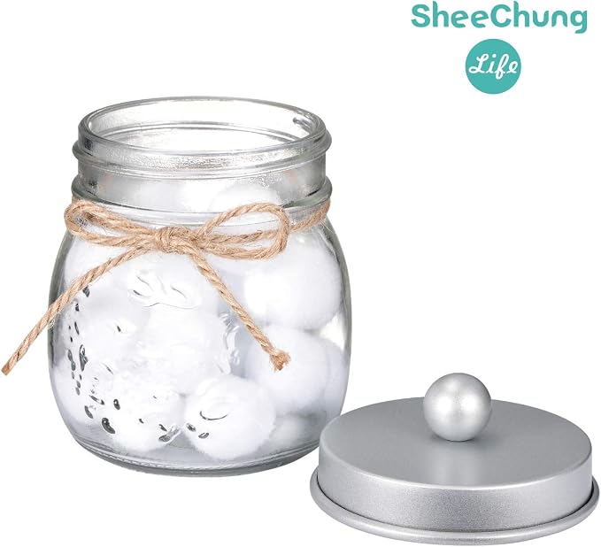 SheeChung 2 Pack Glass Mason Jar Qtip Holder Dispenser,Frosted Silver Lids | Clear Apothecary Jar,Stainless Steel Lids,Small Bathroom Jars Canisters,Vanity Storage Organizer for Cotton Swabs,Balls,Floss