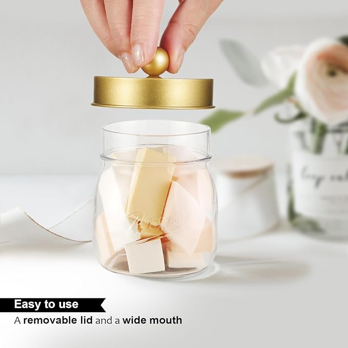SheeChung 4 Pack Acrylic Mason Jar Qtip Holder Dispenser with Labels, Gold | Small Plastic Apothecary Jars,Vanity Canisters for Cotton Swabs,Balls,Floss Picks,Bathroom Storage Organizers,Farmhouse Decor