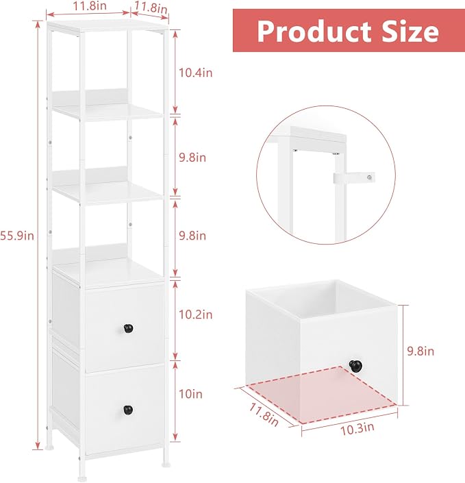 smusei Bathroom Storage Cabinet 55.9'' Tall Bathroom Storage Floor Cabinet with 2 Drawers and Shelves, Slim Corner Cabinet Narrow Bathroom Organizer Rack for Living Room, Kitchen, White