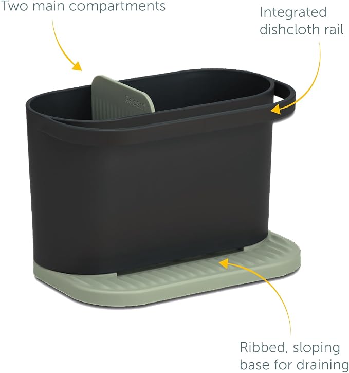 ReBorn Recycled Sink Organizer, Kitchen Sink Organizer, Two Main Compartments, Integrated Dish Cloth Rail, Ribbed and Sloped Base for Draining, Would Made in UK (Sage Green & Charcoal Grey)