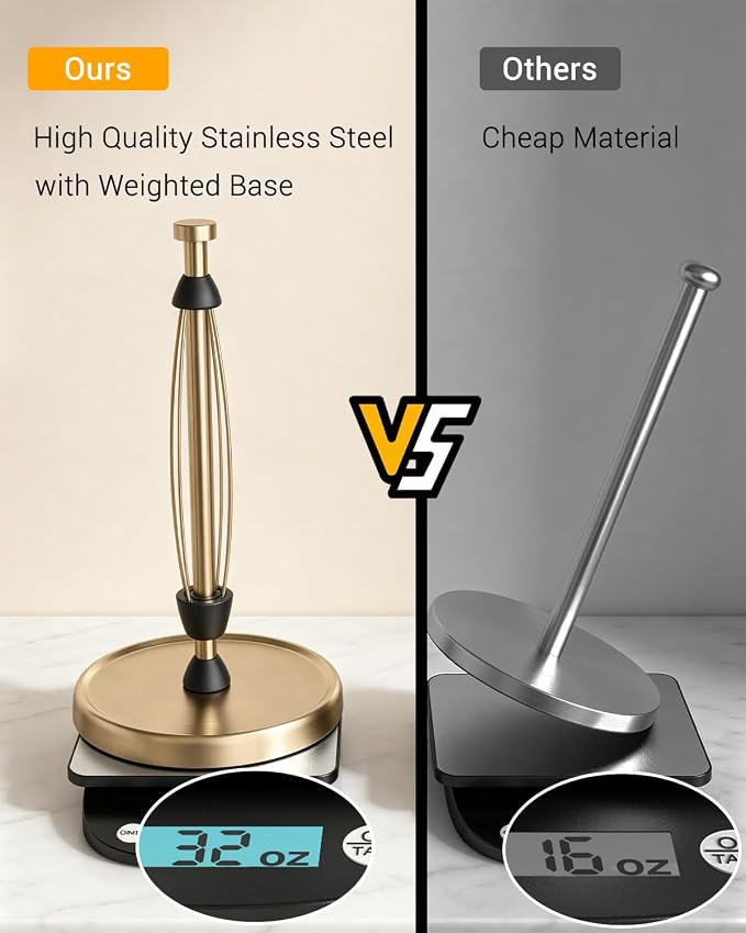 Paper Towel Holder Countertop, Gold Kitchen Accessories Decor, Stainless Steel, Weighted Base, Warm Gold, Paper Towel Roll Holder Stand with Ratchet Mechanism for Kitchen Bathroom Farmhouse Essentials