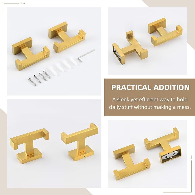 Angle Simple Double Towel Hook Brushed Dark Gold 2 PCS, SUS304 Stainless Steel Bathroom Hand Towel Holder, Double Robe Hook for Wall