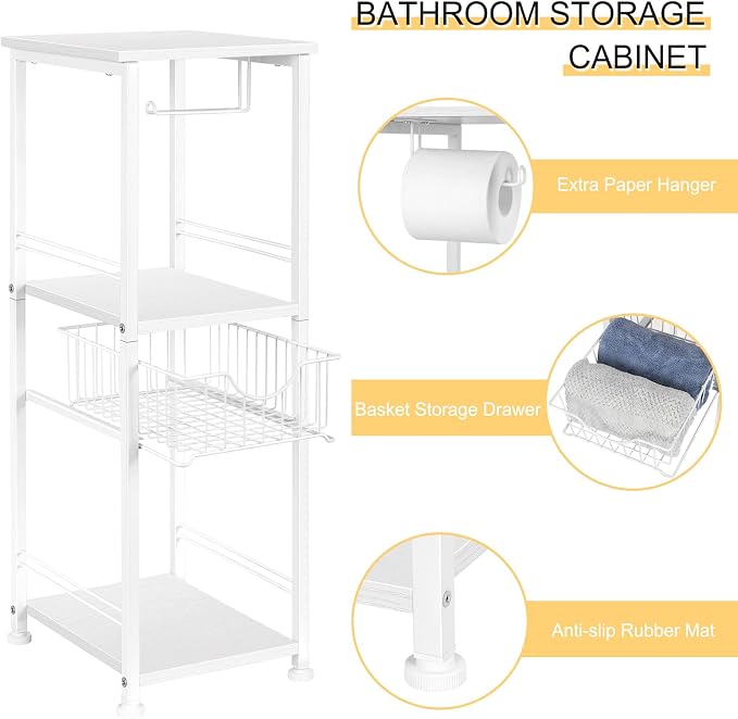OYEAL Bathroom Storage Cabinet Freestanding Bath Shelf with Drawer Toilet Paper Storage Stand 3 Tier Towel Storage Organizer for Laundry Room Entryway Kitchen Pantry, White