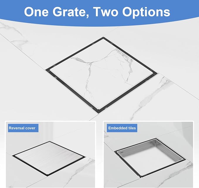 6-Inch Square Shower Drain with Tile Insert Grate, SUS 304 Stainless Steel Shower Floor Drain Kit with Hair Strainer (Brushed Nickel)