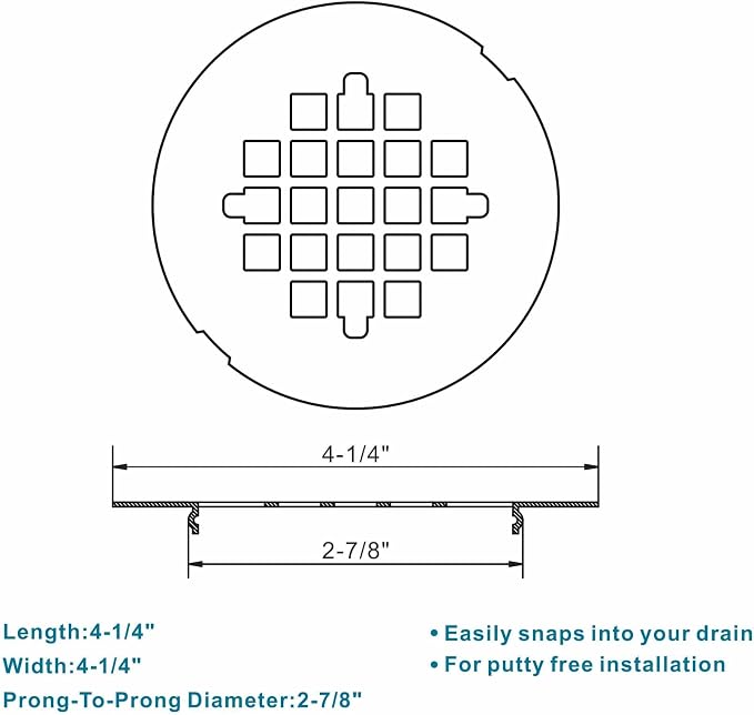 Chrome Plated Snap-in Shower Drain Cover Replacement, Welsan Stainless Steel 4-1/4" OD Round Shower Strainer Grid Easy to Install