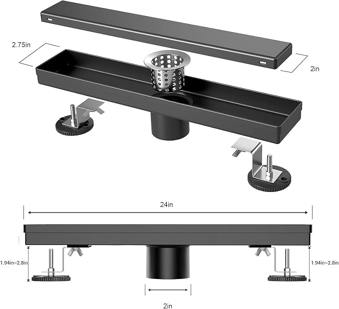 EXF 24" Matte Black Linear Shower Floor Drain with Dual Tile Insert Cover & Fast Water Flow, 304 Stainless Steel for Bathroom CUPC Certified