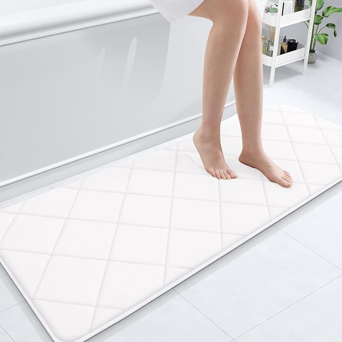 OLANLY Memory Foam Bath Mat 59x20, Ultra Soft and Absorbent Bathroom Rugs | White, Quick Dry, Machine Washable Shower Bath Rugs, Comfortable Bath Carpet for Bathroom Floor, Tub and Shower