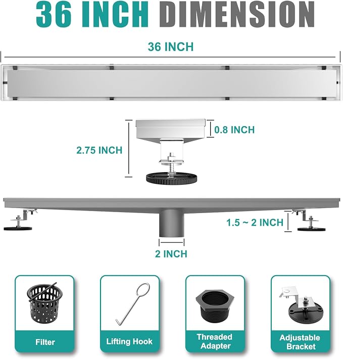 BARONAGE 36 Inch Linear Shower Drain, Rectangle Shower Floor Drain with 2-in-1 Flat & Tile Insert Cover, 304 Stainless Steel Bathroom Drains with Hair Catcher and Leveling Feet (Brushed Nickel)