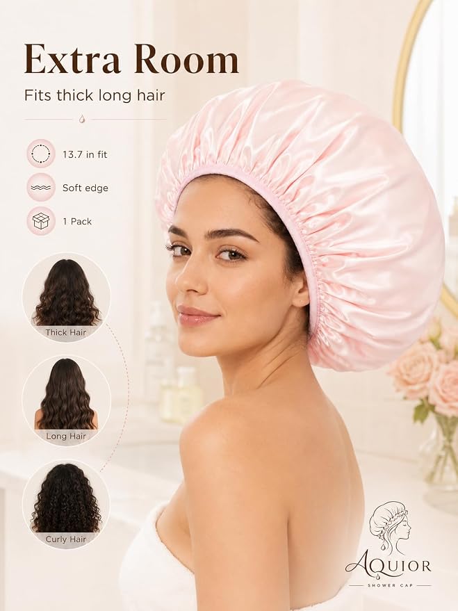 Aquior Shower Cap,Triple Layer Shower Cap for Women, Reusable Waterproof Bath Cap,Silky Satin Outer Layer Terry Lining, Extra Large for Women Long Hair(Pink)