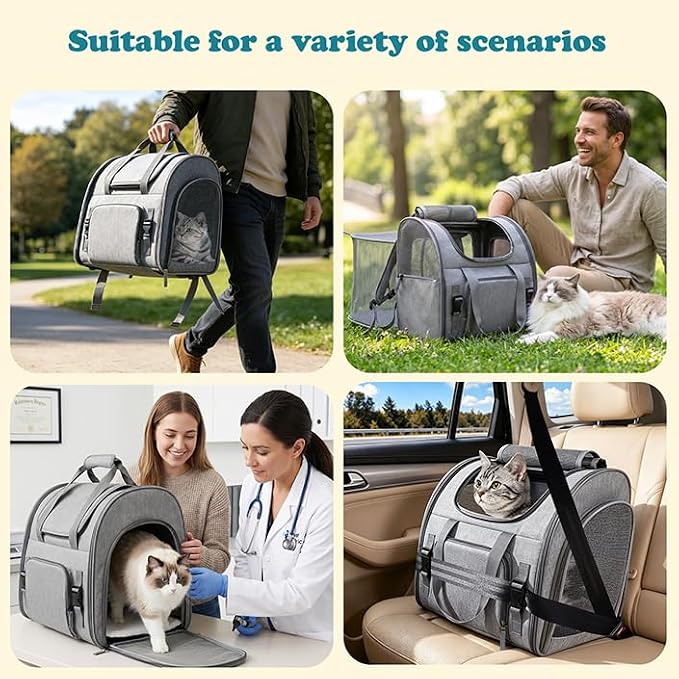 Cat Backpack Carrier, 16.5" Extra Wide Expandable Large Pet Carrier | Backpack for Cats & Small Dogs Up to 20lbs – Foldable with Breathable Mesh, 16.5"x14.9"x9.8" for Hiking & Air Travel (Grey)