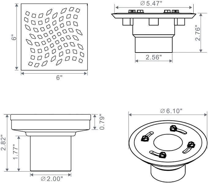 Gold Brushed Shower Drain with Flange, HIDROP SUS 304 Stainless Steel 6 inch Square Shower Floor Drain with Removable Hair Strainer