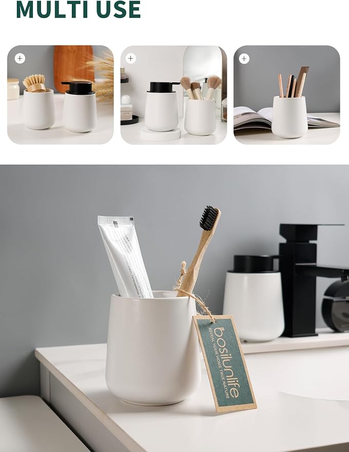 Bosilunlife Soap and Toothbrush Holder Set - Ceramic Bathroom Accessories Set White Foaming Hand Soap Dispenser Set Bathroom Counter Toothbrush Holder and Soap Dispenser Set