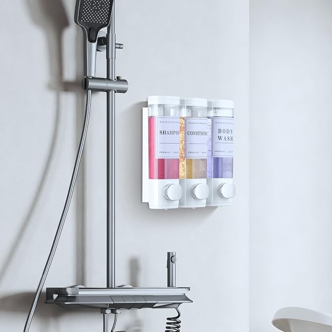 Shower Soap Dispenser Wall Mounted No Drill Shampoo Dispenser for Shower Wall Shampoo and Conditioner Dispenser Bathroom Hotel 3 * 300ml White with 3 Labels