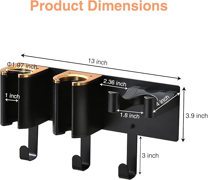 Hair Tool Organizer Wall Mount, Hair Dryer Curling iron Organizer | Hair Tools Holder with Cord Hooks, Straightener Holder, Aluminum Alloy & ABS, Black and Gold Color (Not Including Hair Tools)