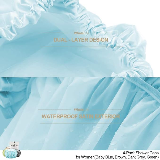 Shower Caps Satin Lined Waterproof for Women Men 4Pc Bright Mixed Colors | Double Layer 100 Percent Dry Jumbo Oversized Fits Thick Hair Smooth Lining Prevents Hair Frizz Snug Elastic Band No Pressure
