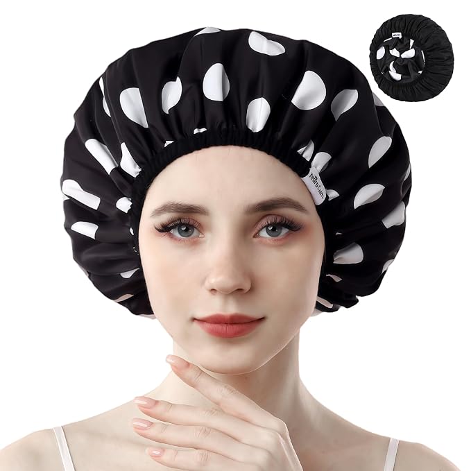 Years calm Shower Caps for Women Reusable Waterproof Double Layer Hair Cap | Both Sides Usable, Reversible Pattern & Solid Color Design, Soft Elastic Keeps Hair Dry for shower Spa Travel
