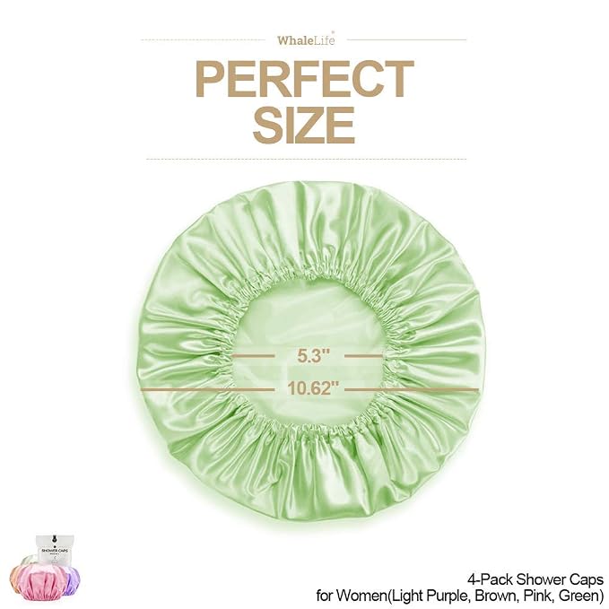 Shower Caps Satin Lined Waterproof for Women Men - 4Pc Candy Mixed Colors | Double Layer 100 Percent Dry Jumbo Oversized Fits Thick Hair Smooth Lining Prevents Hair Frizz Snug Elastic Band No Pressure