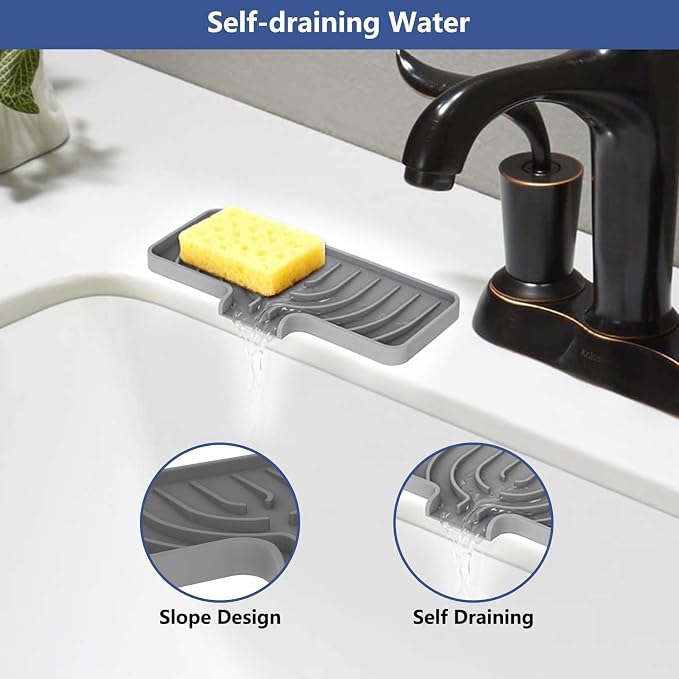 JACZZO Silicone Sponge Holder for Kitchen Sink, (10x4 In) Sink Caddy with Drain Spout, Self Draining Soap Tray & Organizer, Kitchen Accessories,Bathroom Organizer, Easy to Clean (Grey)