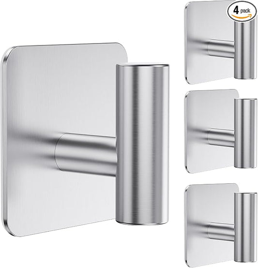 Aikzik 4 Pack Large Heavy Duty Wall Hooks - 26lb Max, Stainless Steel Adhesive Towel Hook, Shower Hooks for Hanging Towel, Coat, Robe, Wall Hook for Use in Bathroom, Kitchen and Door