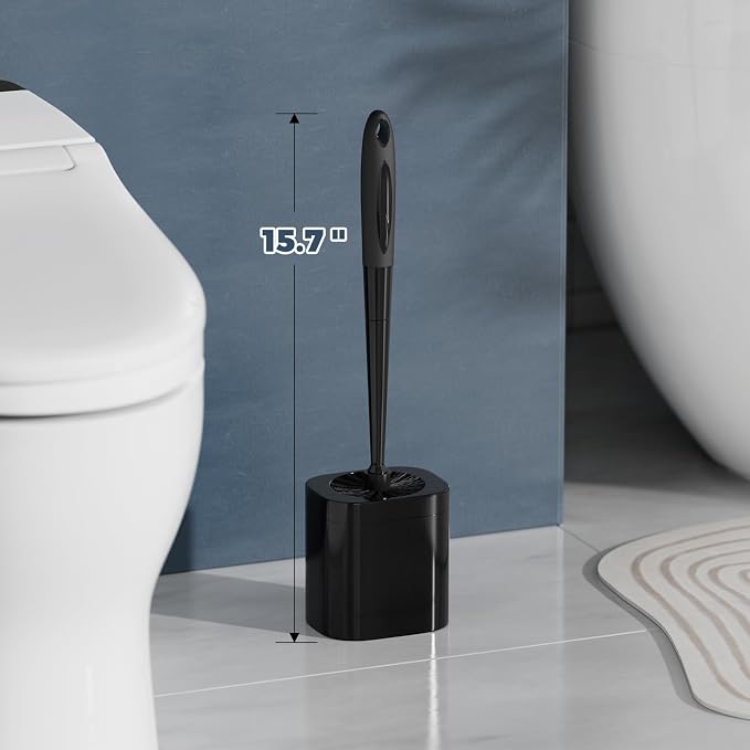 Holaloha Toilet Brush and Holder Set, Space Saving, 2 Pack, Black | Bathroom Accessories, Ergonomic Silicone Handle, Dense Bristles, Deep Cleaning, Scrubber, Compact Design