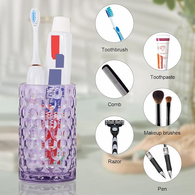 Bathroom Toothbrush Holder Set, 11oz Purple Glass Toothbrush Holder and Bathroom Tumbler Cup Set, Decorative Countertop Storage Cups Organizer for Toothpaste, Brushes
