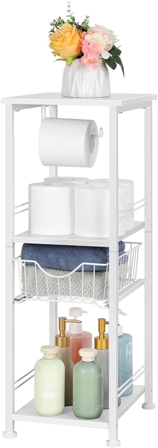 OYEAL Bathroom Storage Cabinet Freestanding Bath Shelf with Drawer Toilet Paper Storage Stand 3 Tier Towel Storage Organizer for Laundry Room Entryway Kitchen Pantry, White