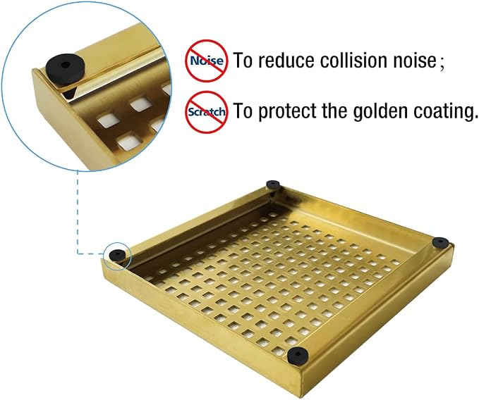 Neodrain 6 in Brushed Brass Square Shower Drain with Removable Quadrato Pattern Grate, PVC Shower Drain Base and Rubber Gasket, Gold 6" Square Drain with CUPC Certified, Golden Hair Strainer