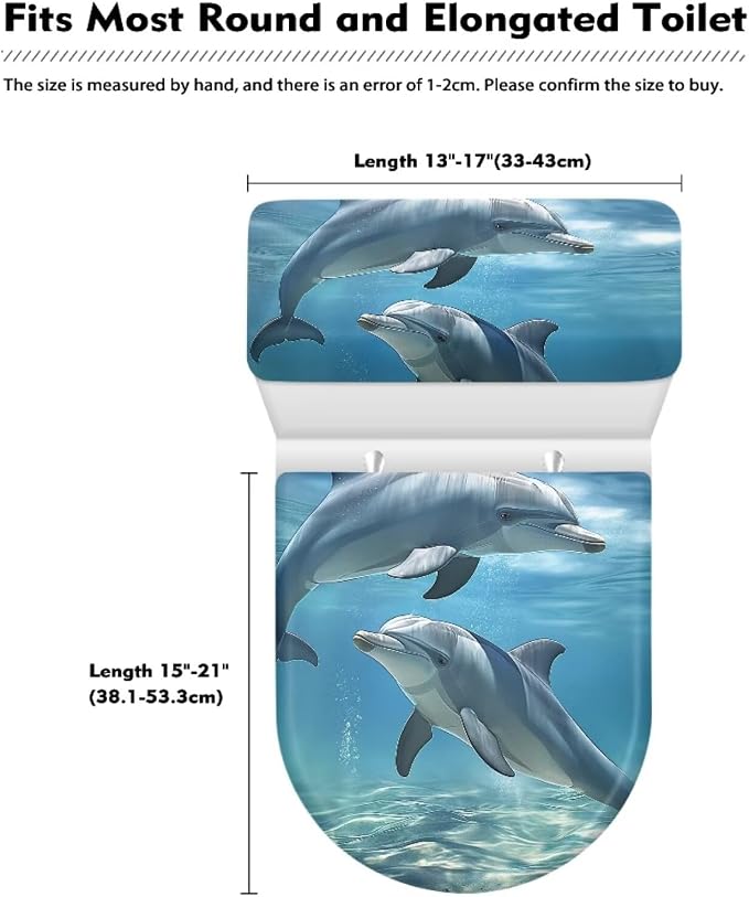 Sea Dolphin Toilet Seat Cover and Toilet Tank Cover Replacement Washable Soft Protective Decor Novelty Bathroom Accessory Set