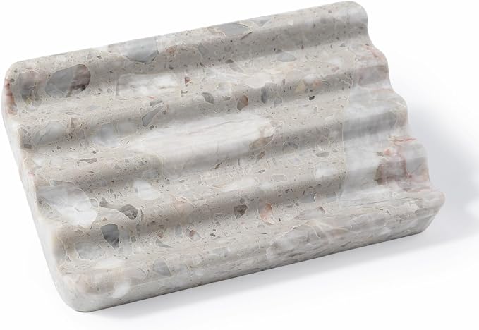 Karibiber Soap Holder for Bathroom, Grey Marble Soap Dish for Kitchen Countertop, Soap Tray with Creative Wavy Design, Soap Saver for Bath Tub, Sponges, Italian Natural Stone
