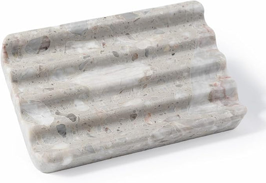 Karibiber Soap Holder for Bathroom, Grey Marble Soap Dish for Kitchen Countertop, Soap Tray with Creative Wavy Design, Soap Saver for Bath Tub, Sponges, Italian Natural Stone