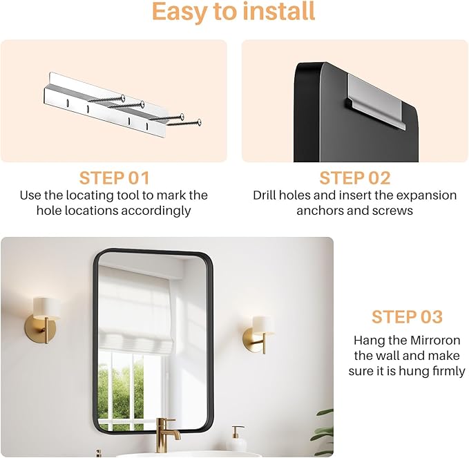 Bathroom Mirror for Wall, 30x22 Inch Rounded Rectangle Mirror, Black Metal Framed Bathroom Vanity Mirror for Restroom Farmhouse, Anti-Rust, Tempered Glass, Horizontally or Vertically Hanging