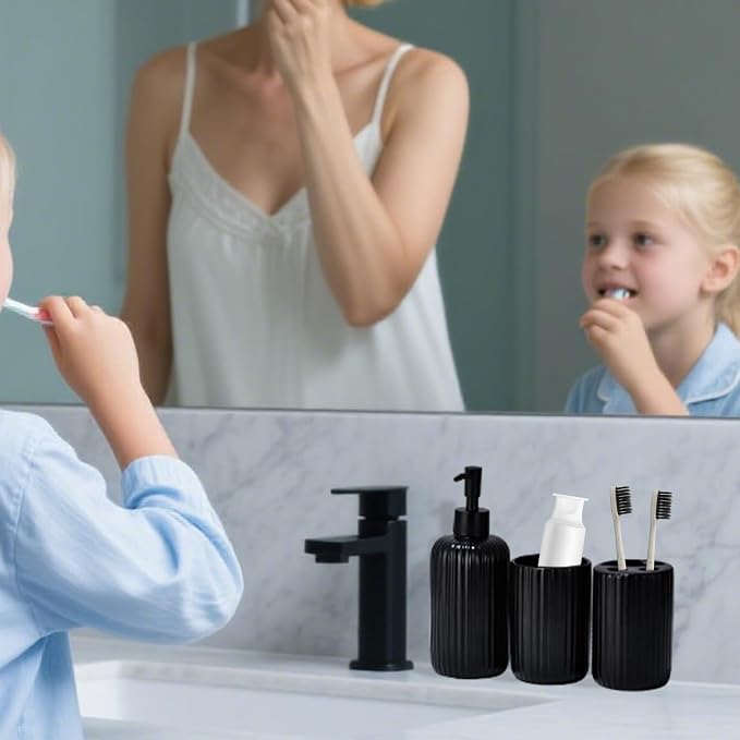 Black Bathroom Accessories Set, 4PC Ceramic Bathroom Sets Complete-Toothbrush Holders, Soap Dispenser, Vanity Tray, Toothbrush Cup, Sleek Black Bathroom Decor, Housewarming Gifts
