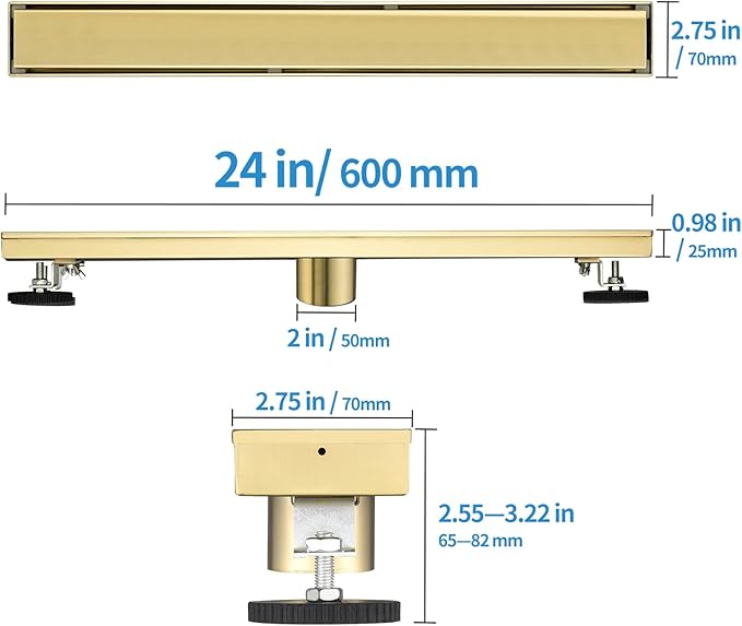 Linear Shower Drain ，with Tile Insert Panels ，24 Inch Brushed Gold 304 Stainless Steel Rectangle Shower Floor Drain，with Hair Catcher, Adjustable Feet