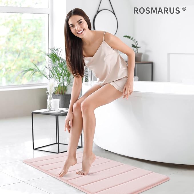 ROSMARUS Memory Foam Bath Mat, 17''x24'', Pink | Water Absorbent, Ultra Soft, Non Slip, Thick Foam, Bathroom Rugs for Floor & Tub, Machine Washable Care